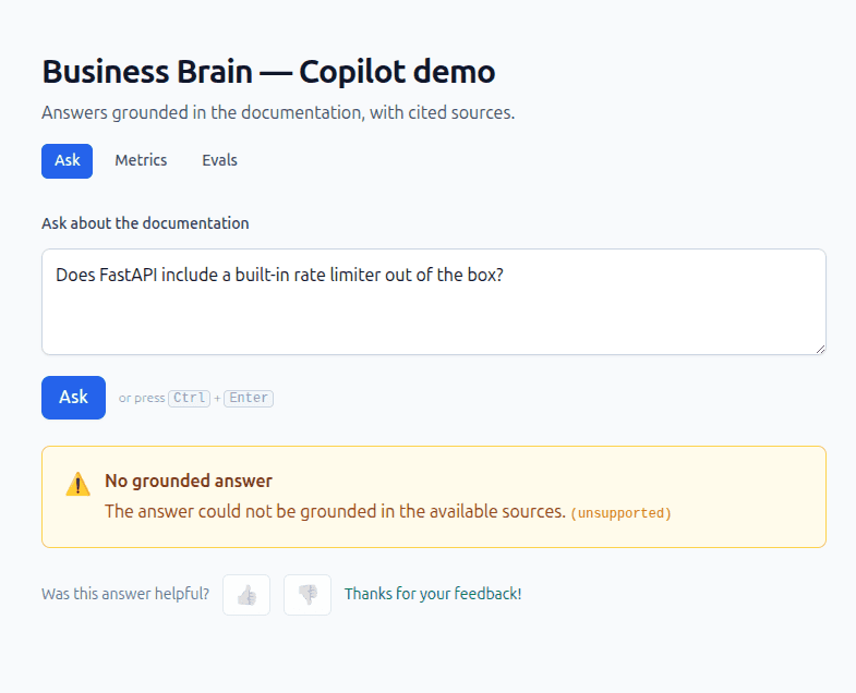 The copilot replying "No grounded answer" to a question the documentation does not cover