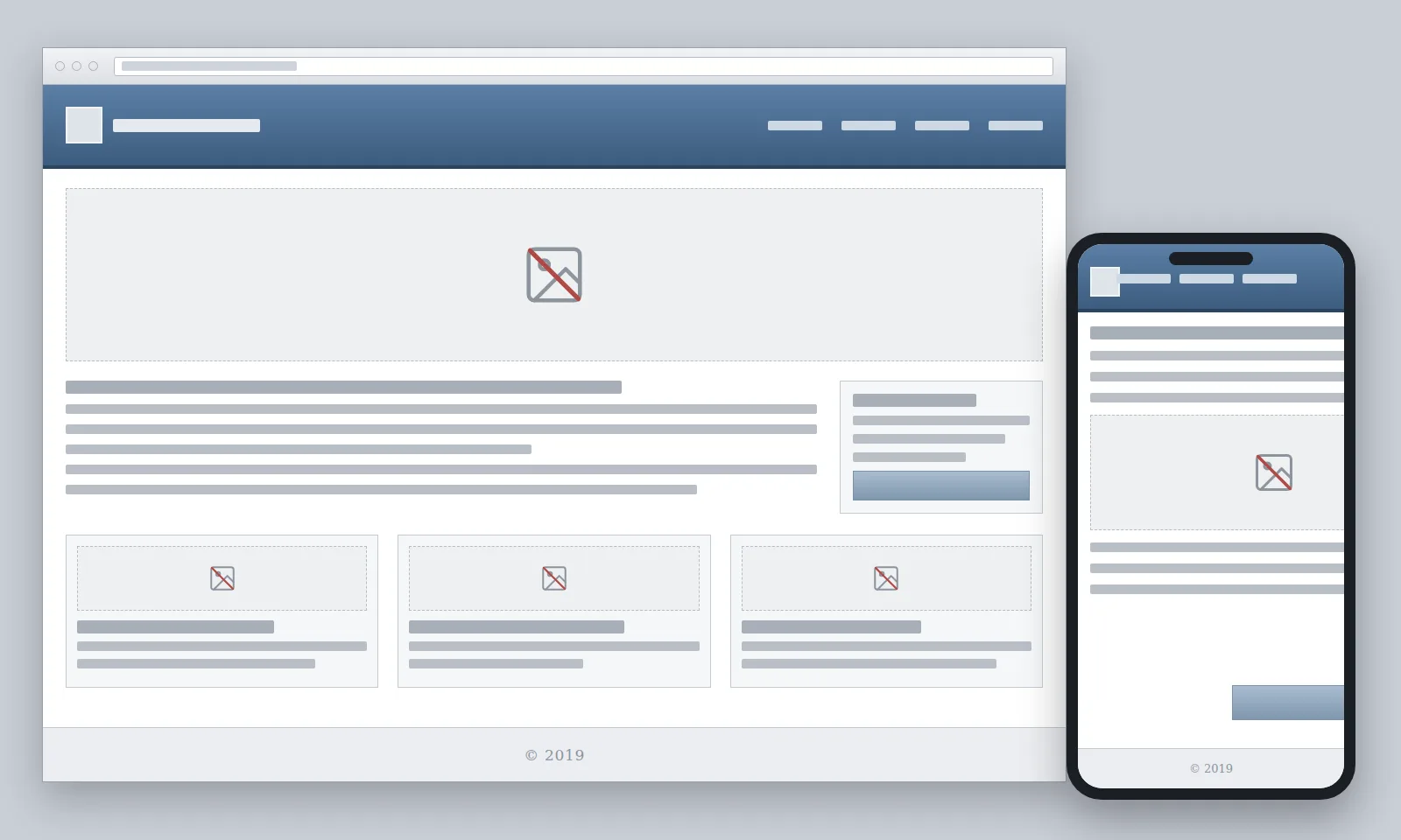 Illustration: the same generic website seen on a computer and on a phone. On the computer it looks dated, with the year 2019 in the footer; on the phone the text runs off the screen, a button is cut off, and a broken-image icon appears where the photos should be.