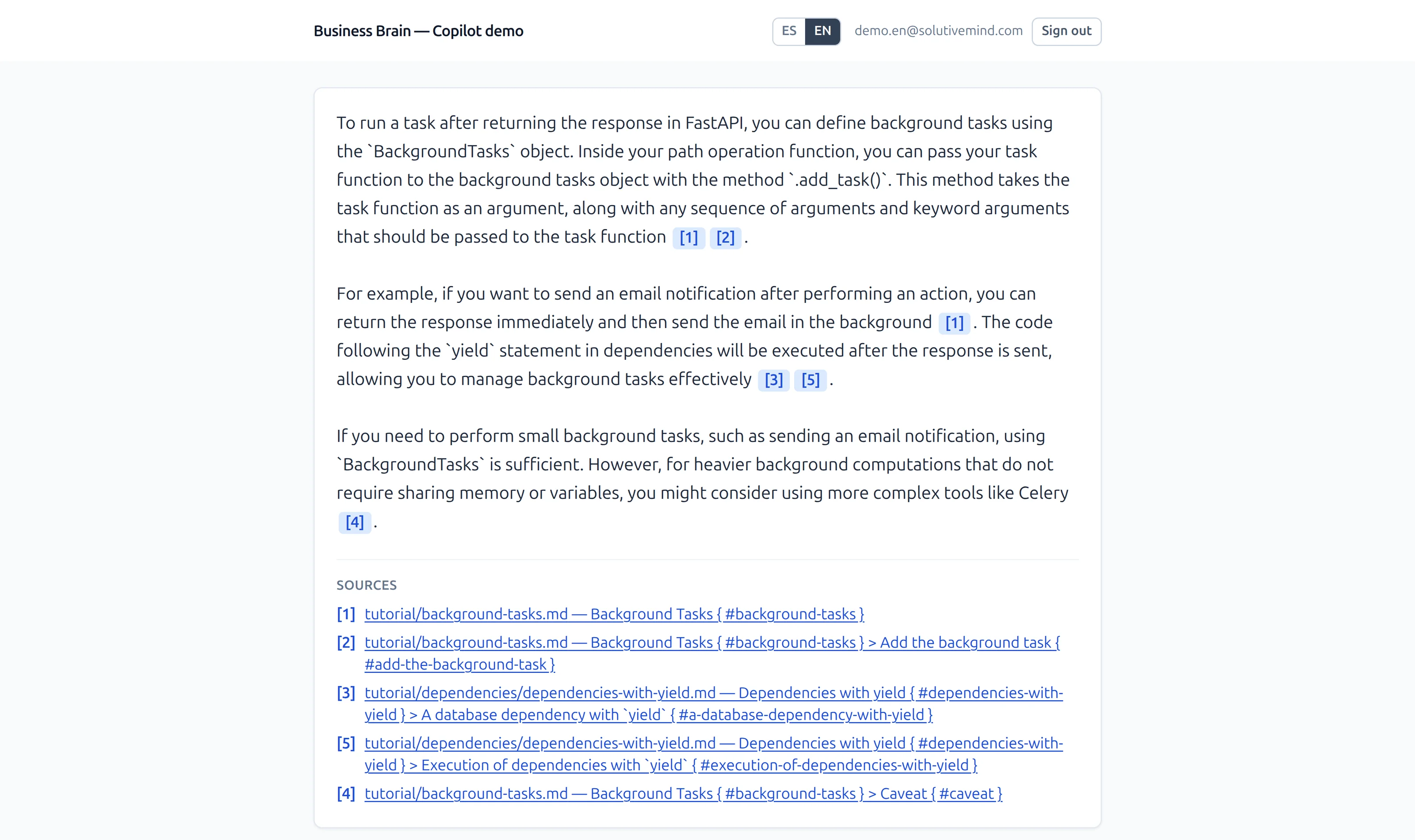 Business Brain Copilot answering a technical question about background tasks, with numbered citations inline and a sources list underneath naming the exact documentation file and section each claim came from